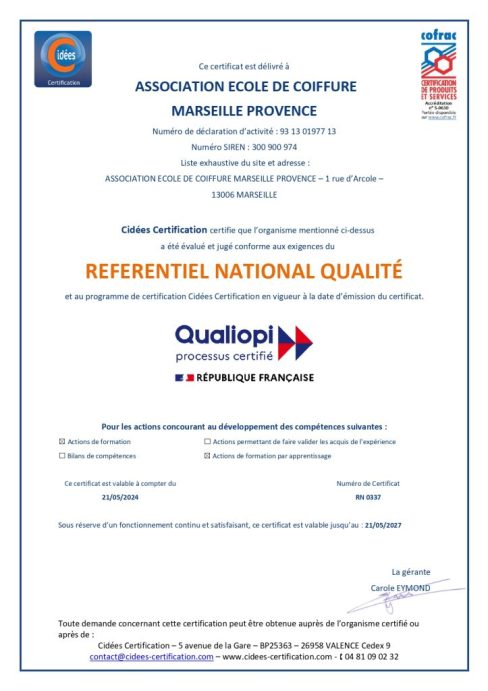 ASSOCIATION ECOLE DE COIFFURE MARSEILLE PROVENCE_ENR_PRO_08_I Certificat Référentiel National_RN 0337_page-0001